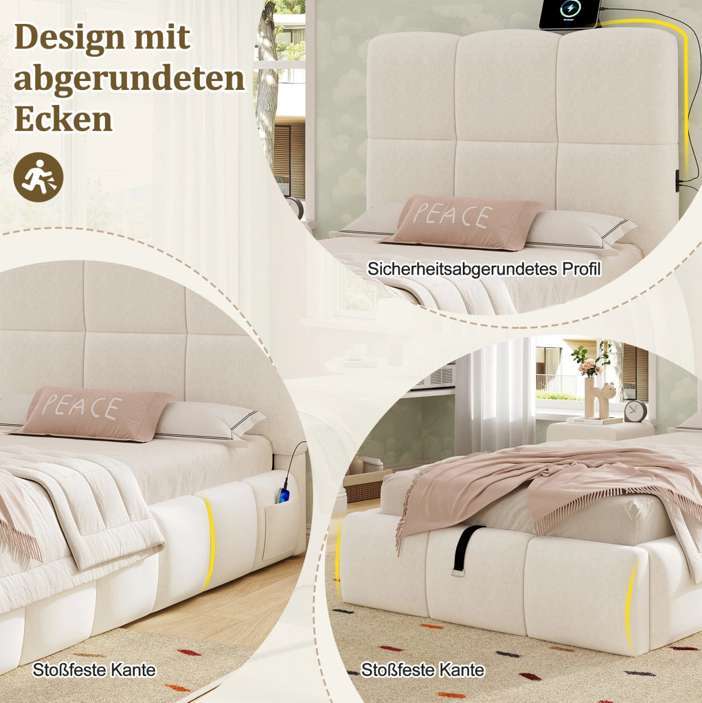 Letto singolo 90x200 cm in velluto beige con contenitore idraulico; rete inclusa e presa USB