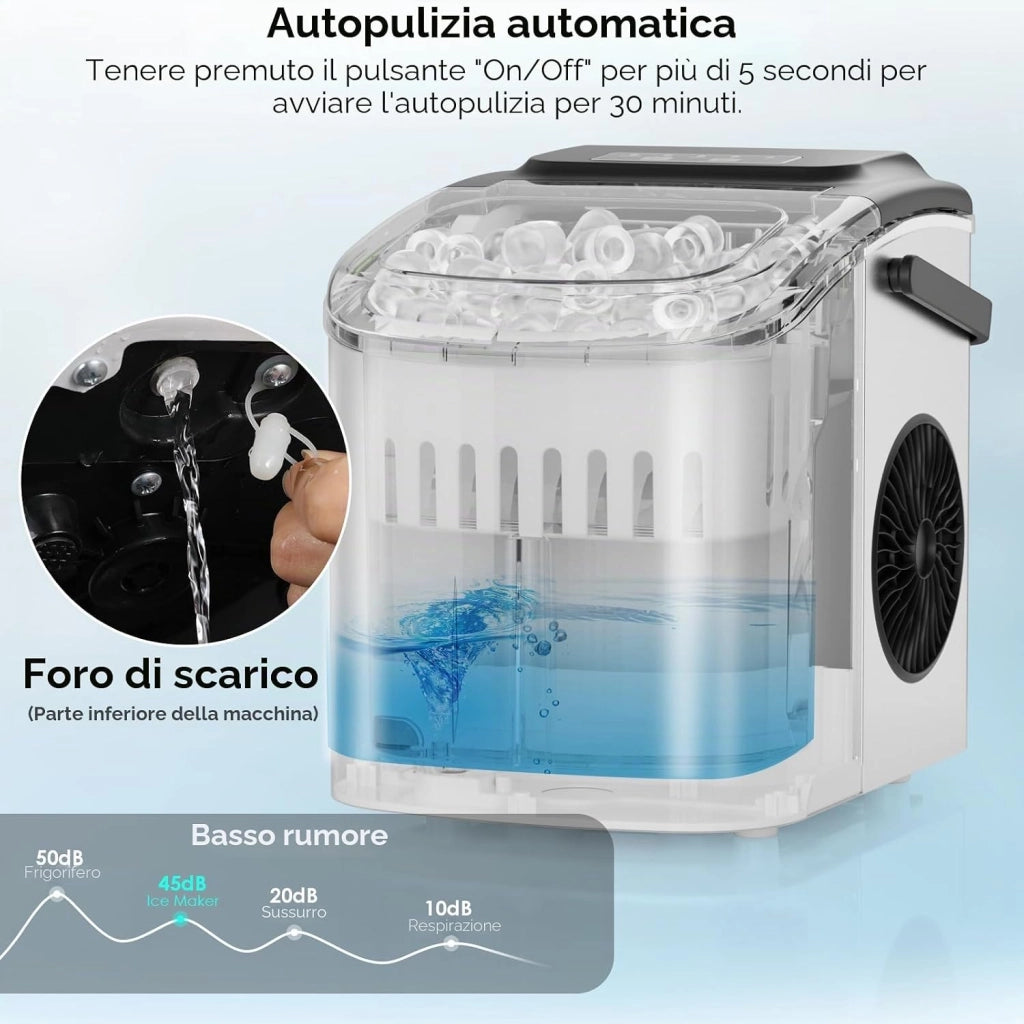 Macchina Ghiaccio, 12 kg/24h, 9 Cubetti di Ghiaccio in 6 Minuti, 2 Dimensioni di Ghiaccio, Silenzioso, Macchina del Ghiaccio con Maniglia, Macchina per il Ghiaccio Autopulente per Cucina/Ufficio/Bar