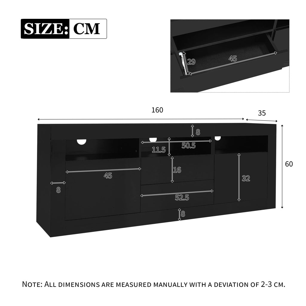 Mobile TV con 2 Ante; 2 Cassetti e 3 Vani Aperti e LED; Nero Lucido; Soggiorno; 160¡Á35¡Á60 cm; in Truciolare