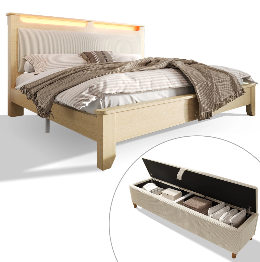 Letto 160x200 cm con LED e contenitore in legno e velluto a coste beige