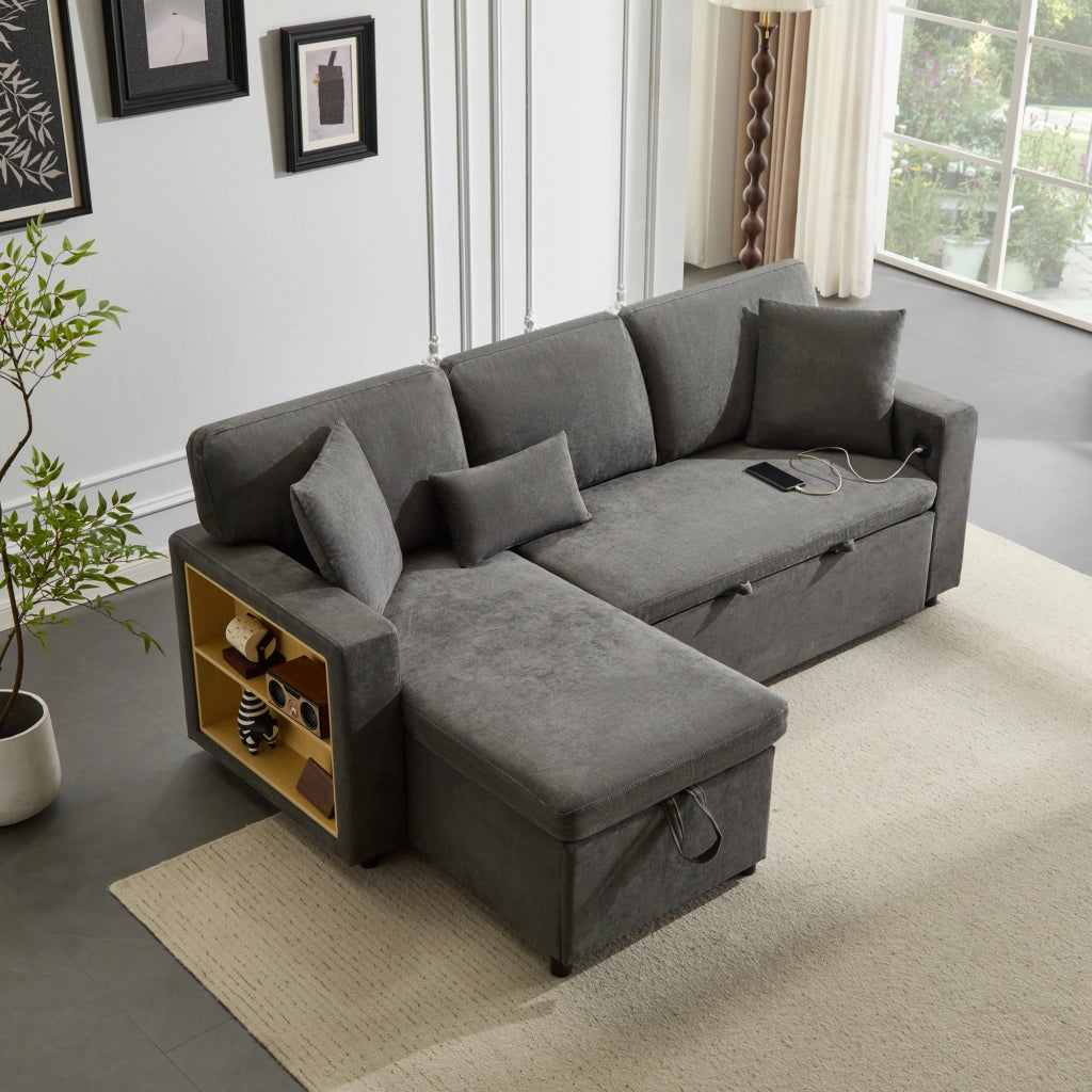Divano angolare convertibile a 3 posti con USB; vano laterale; 3 cuscini; per soggiorno; 214 × 131 × 87 cm