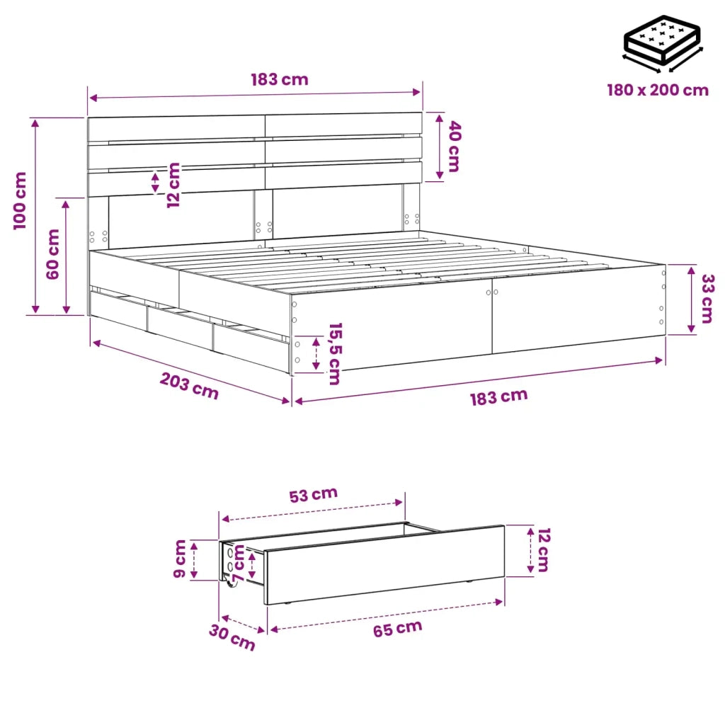 Bed Frame with Storage and Headboard Artisan Oak 180 x 200 cm 3445825