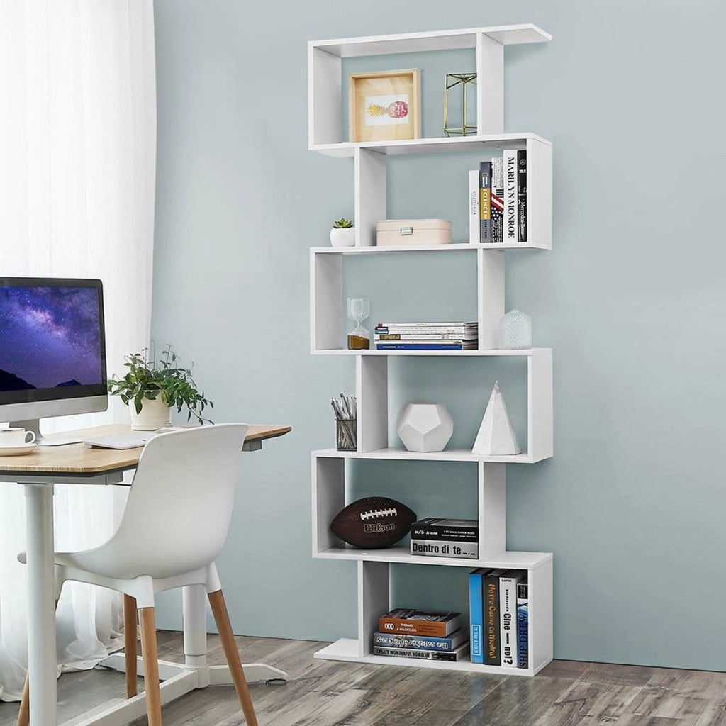 Libreria a zig-zag moderna bianca a 6 ripiani
