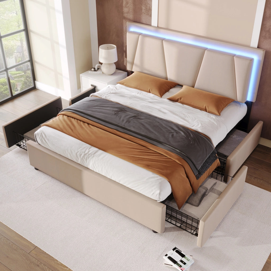 Letto matrimoniale 160 × 200 cm con LED, 4 cassetti, testiera regolabile, materasso incluso, beige