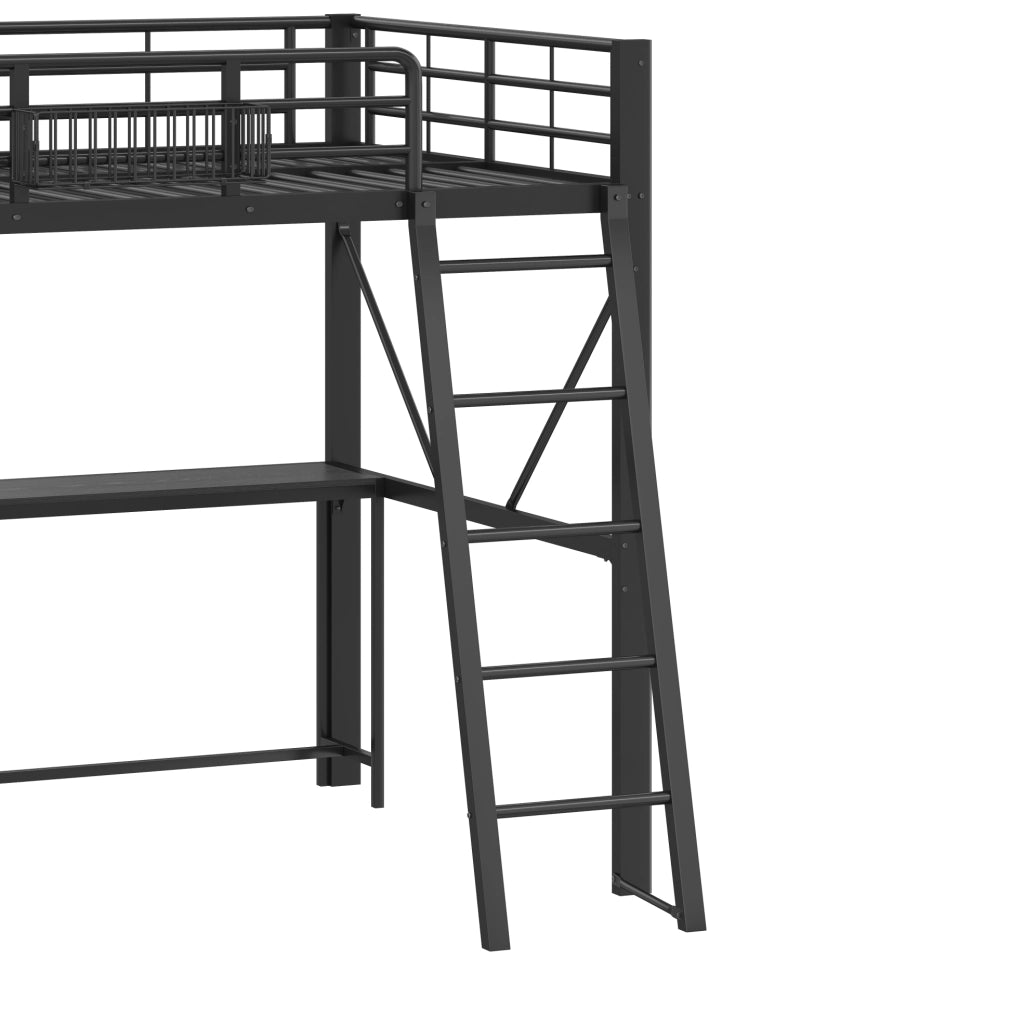 Letto a soppalco 140x200 cm con scrivania, LED e ricarica in metallo nero