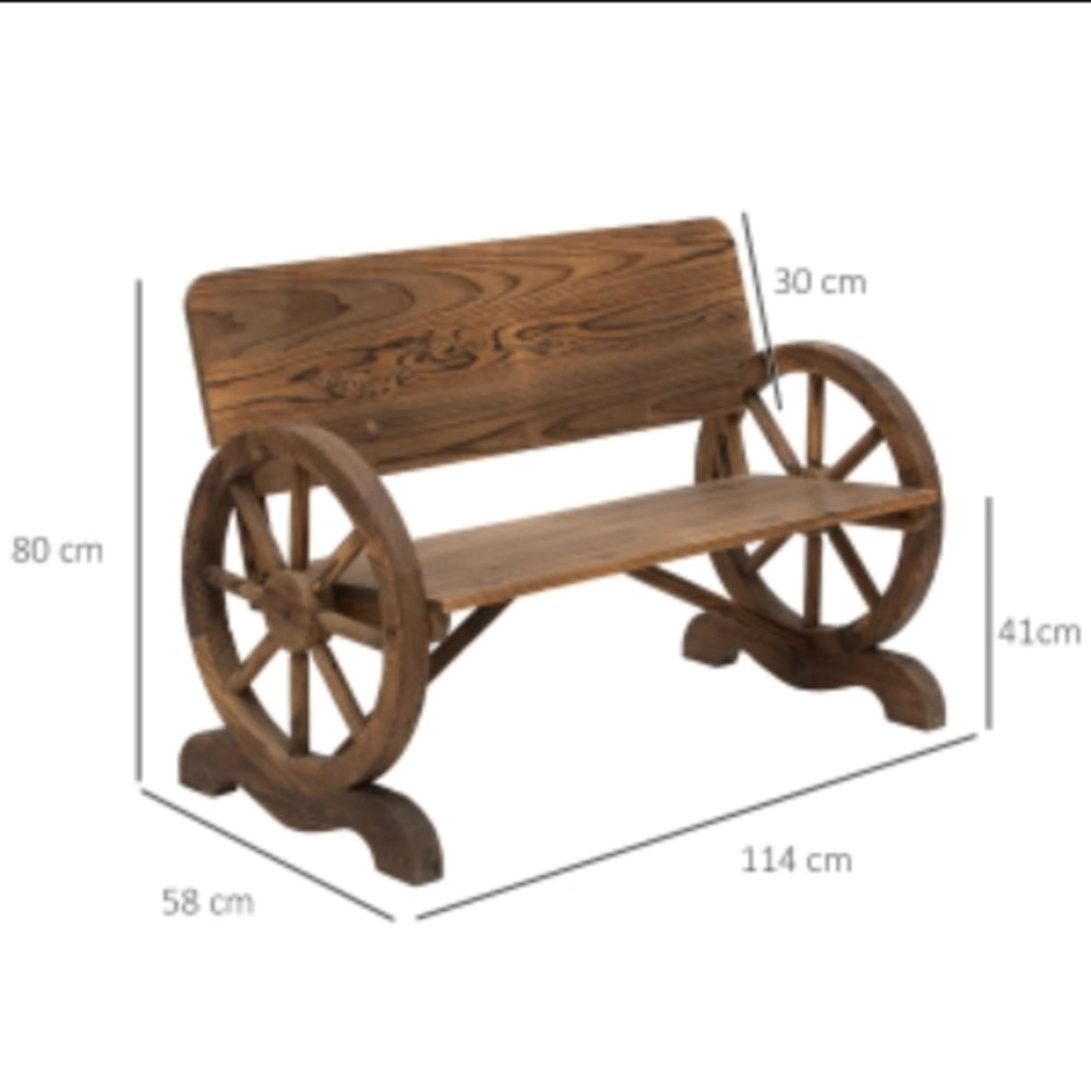 Panca da giardino rustica in legno massiccio con braccioli a design ruota, 2 posti, marrone scuro