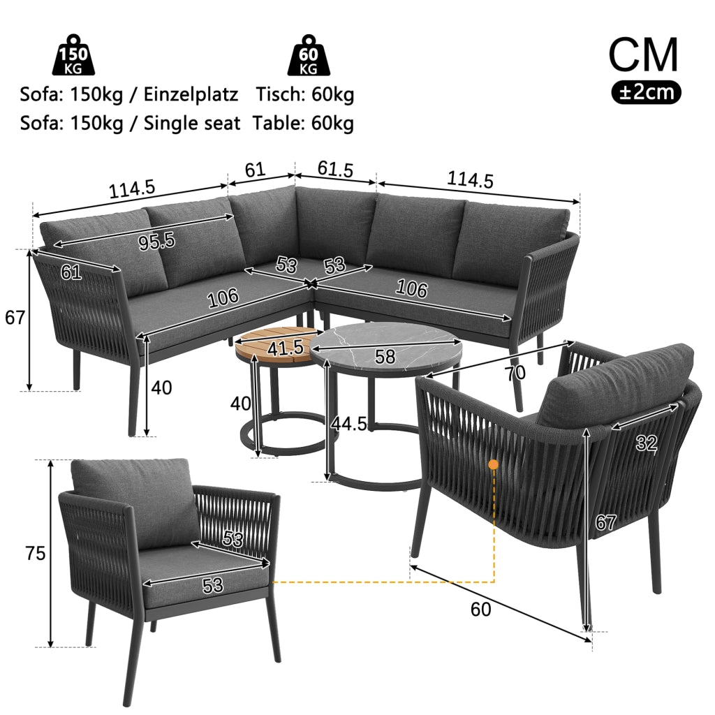 Set Salotto da Esterno Modulare 6 Pezzi per 5-6 Persone con Cuscini, Tessuto a Righe e Tavoli per Giardino e Terrazza Grigio
