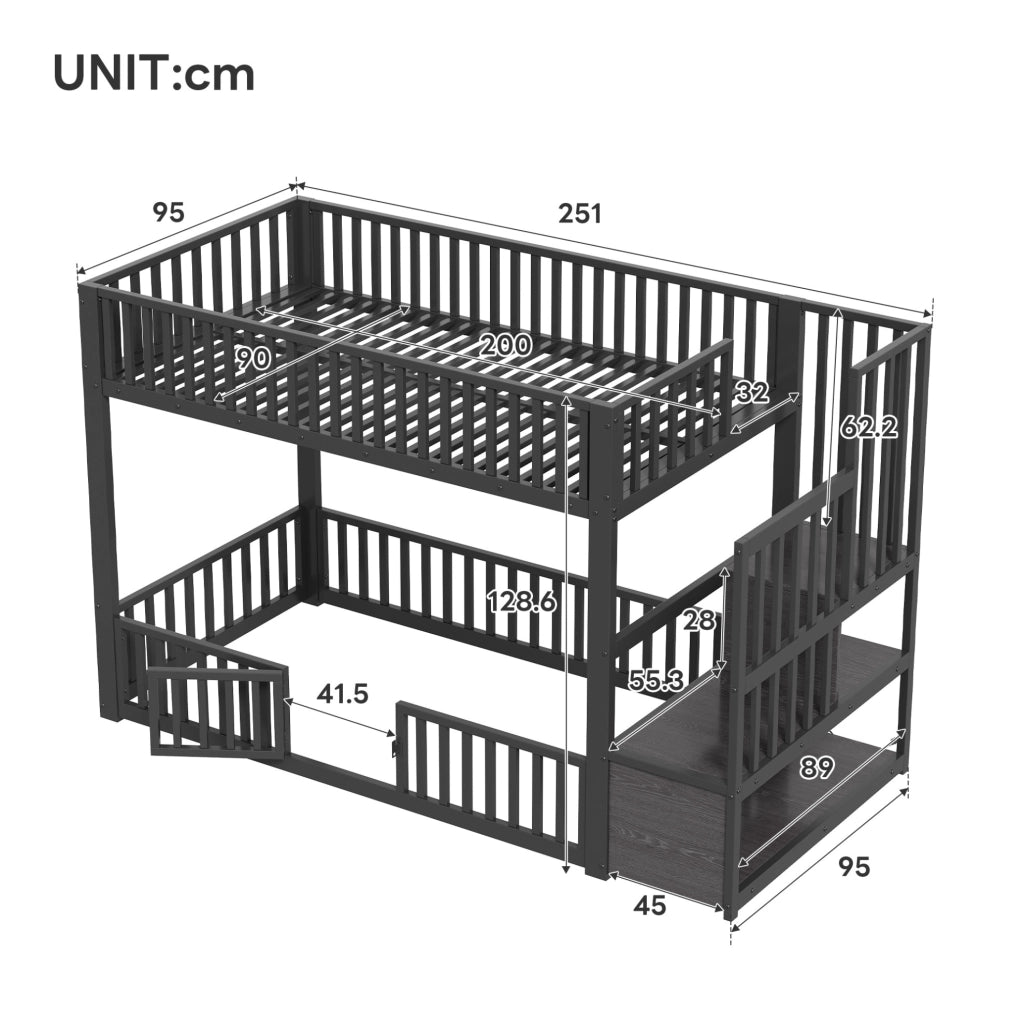 Letto a castello 90x200 cm con scala contenitore e illuminazione LED, nero
