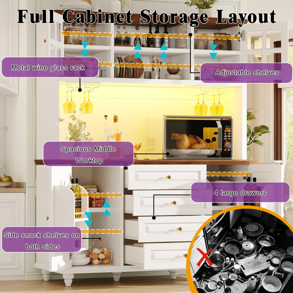 Credenza alta con LED RGB, ripiani regolabili e 4 cassetti, per cucina e soggiorno, in MDF, bianco, 140 × 40 × 179,5 cm