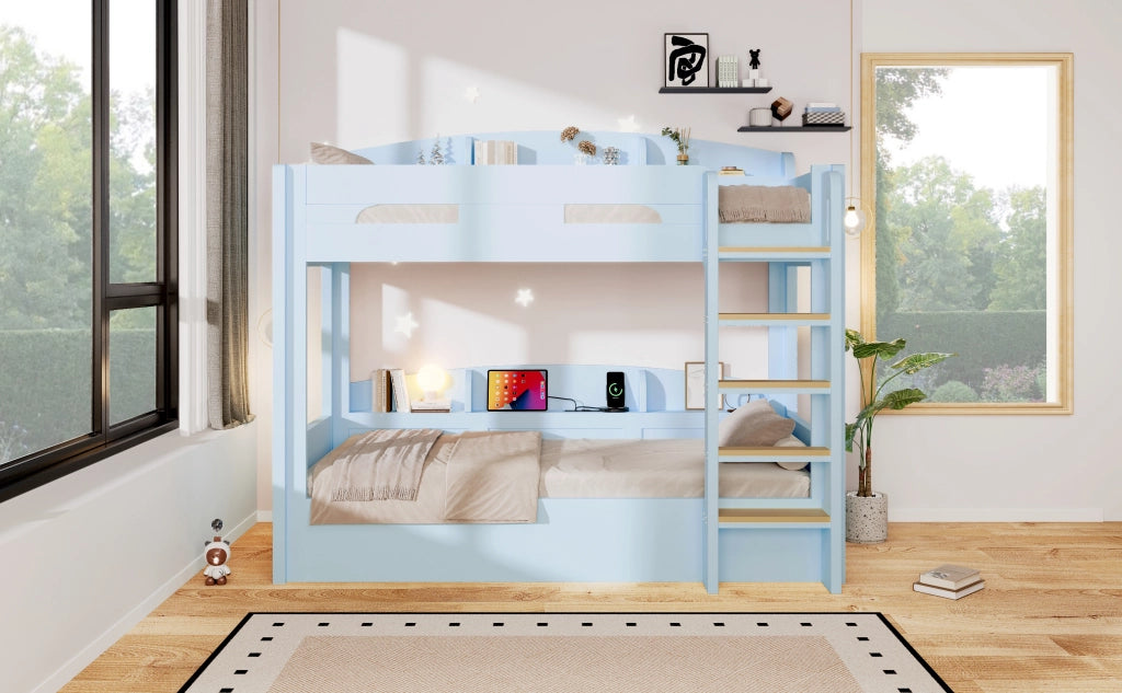 Letto a castello 90x200 cm con letto inferiore; presa USB e ripiani laterali; blu chiaro