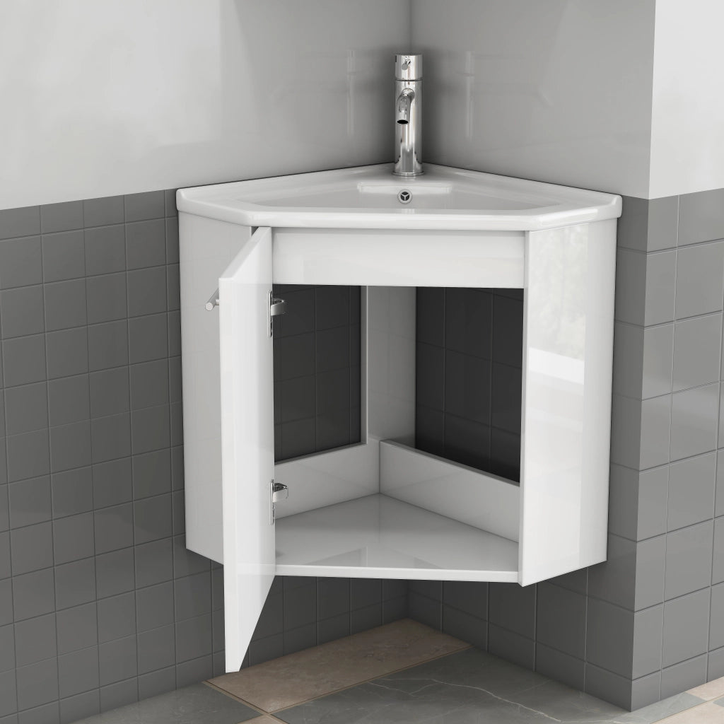 Mobile angolare da bagno con lavabo in ceramica lucida e paraspruzzi, completamente preassemblato per una facile installazione, lavabo angolare
