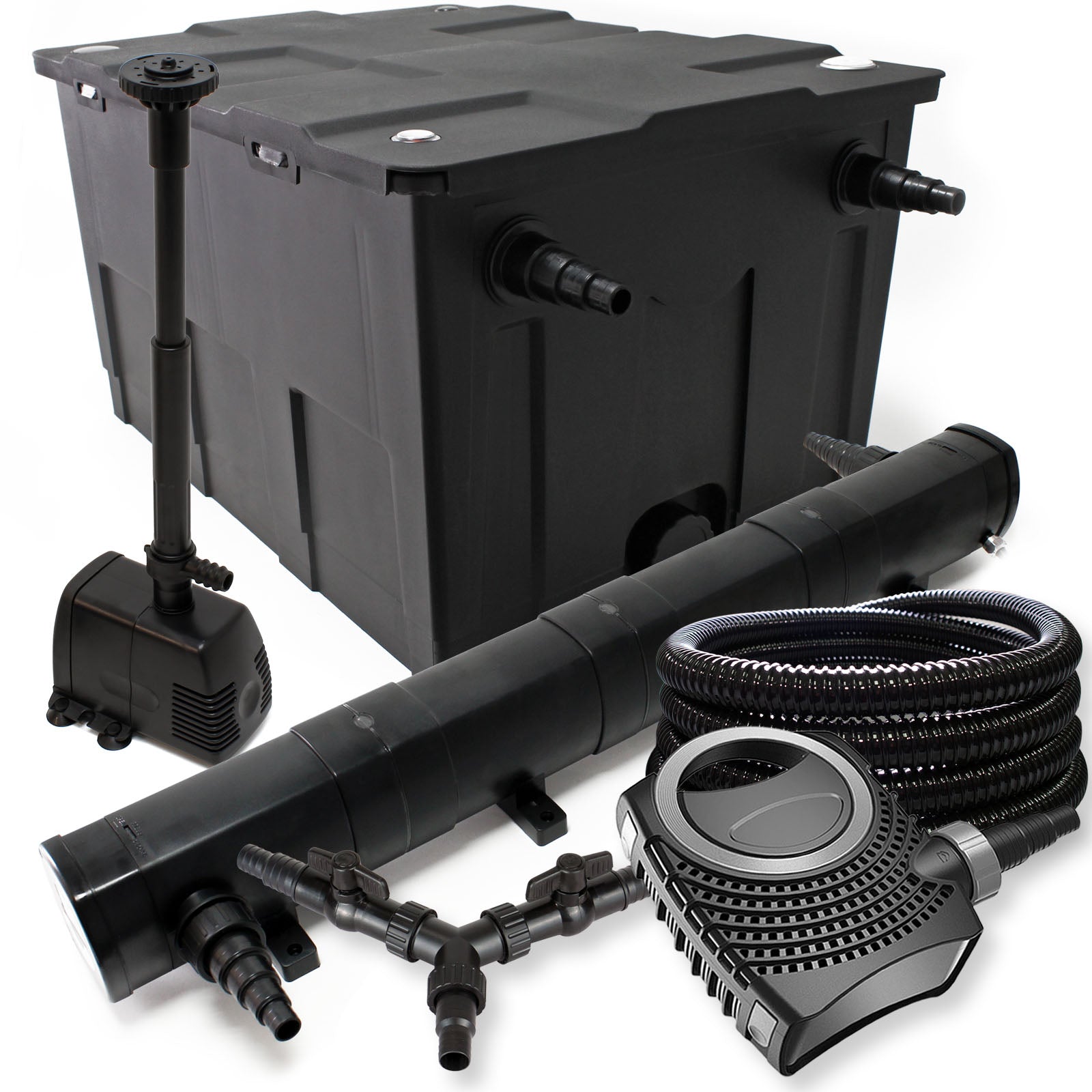 Set Filtro 60.000l Chiarificatore laghetto 72W Pompa NEO8000 70W Tubo 25m Pompa da fontana