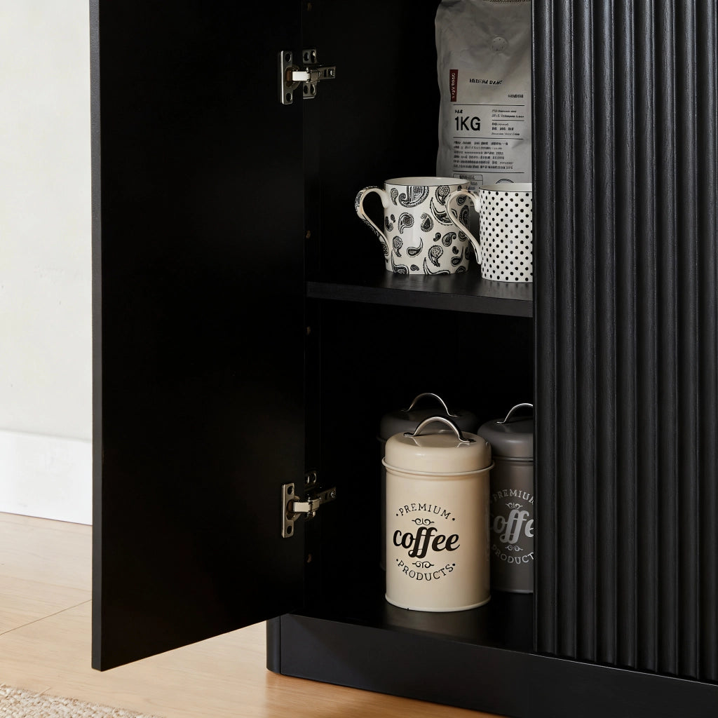Credenza e madia con 6 ante, design ondulato, per soggiorno e cucina, in MDF, nero, 170 × 40 × 70.5 cm