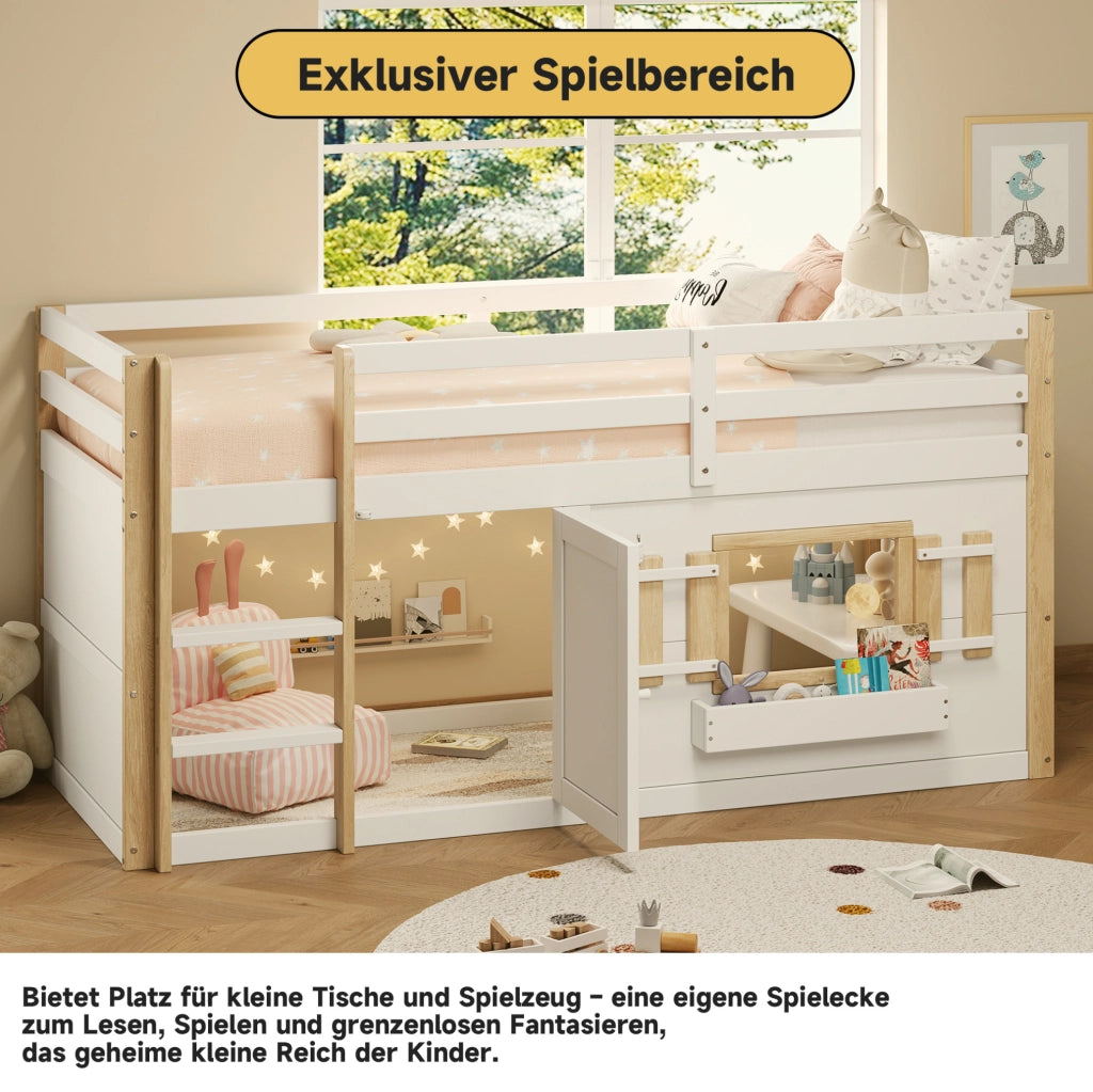 Letto a castello con area gioco inferiore; 90x200 cm; in legno massello e MDF; bianco