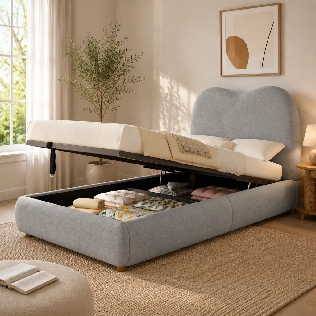 LETTO Imbottito per bambini 90 x 200 cm in lino grigio con rete a doghe e contenitore