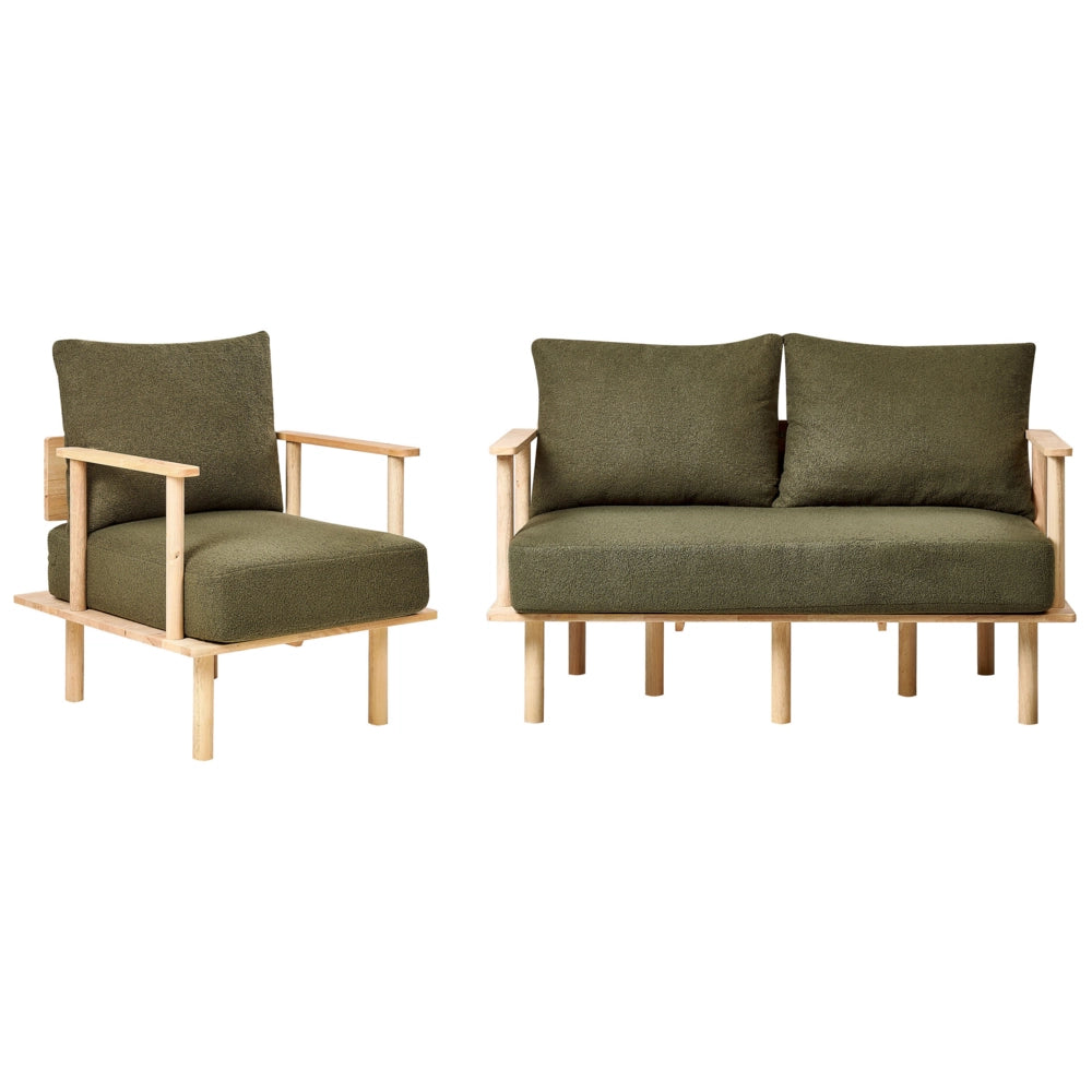Set da salotto Tessuto verde scuro Boucle Struttura con gambe in legno Divano 2 posti Divano e Poltrona Soggiorno