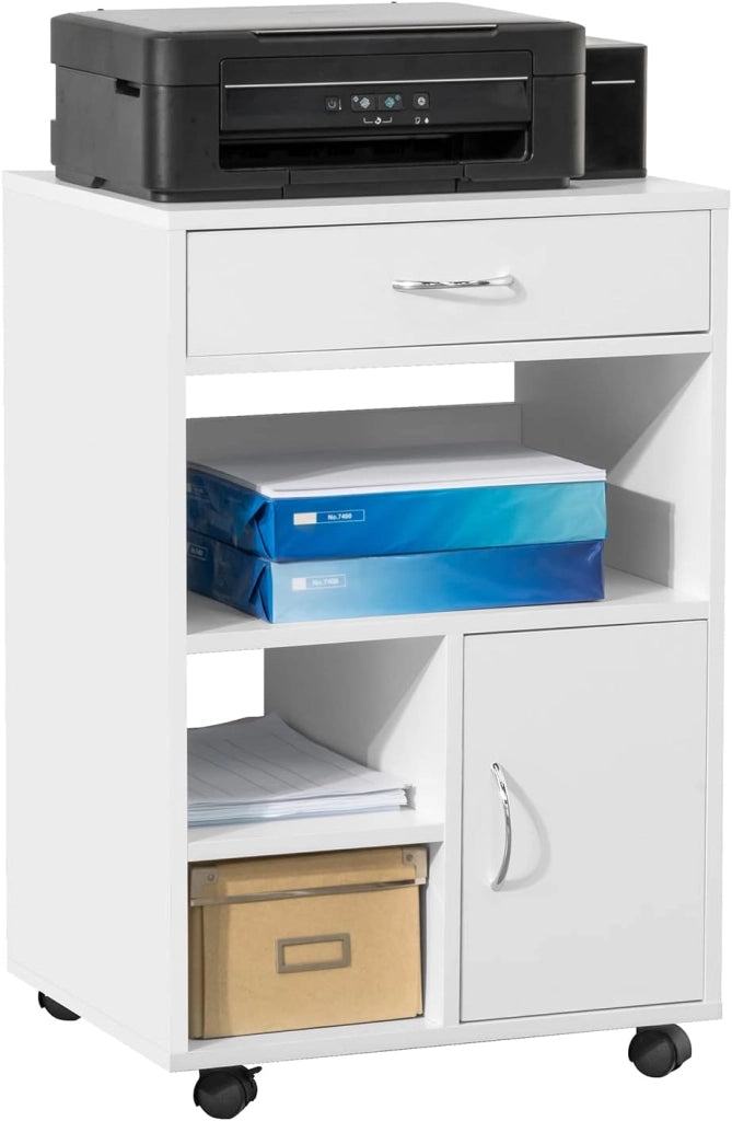 Cassettiera Ufficio Cassettiera Scrivania con Ruote Porta Stampante Schedario da Ufficio con Cassetto, Anta e Ripiani Tavolino Salvaspazio Bianco 50x40x75cm FBT106-W
