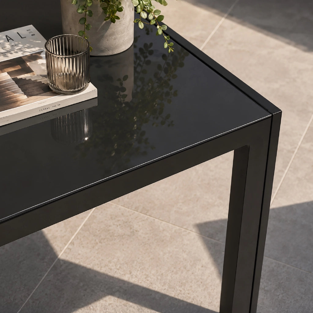 Tavolo da Pranzo per Interno ed Esterno 180x90 cm, Piano in Vetro Temperato Nero 5 mm e Struttura in Acciaio, Tavolo Moderno per 8 Persone, Ideale per Giardino, Terrazza, Cucina e Sala da Pranzo
