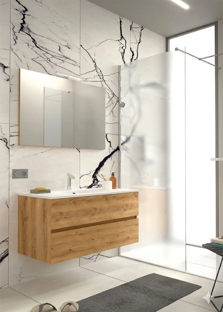 Mobile da Bagno Sospeso con Lavabo 80 cm e Specchio Bali Light Rovere Miele