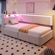 Divano letto singolo con contenitore idraulico testiera con vani e LED USB in velluto beige 90 × 200 cm
