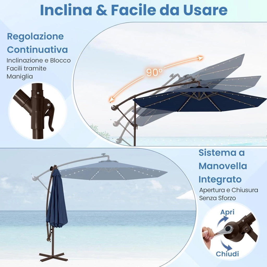 Ombrellone da Giardino con 40 Luci a LED, con Sacco di Sabbia, Ombrellone da Esterno 300 cm con Altezza Regolabile, Ombrellone per Giardino Piscina Patio, 300 x 300 x 250 cm (Blu)
