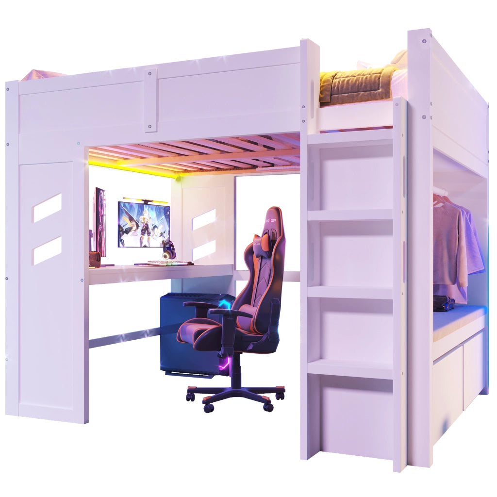 Letto a castello bianco con scrivania funzione gaming in pino 140x200 cm