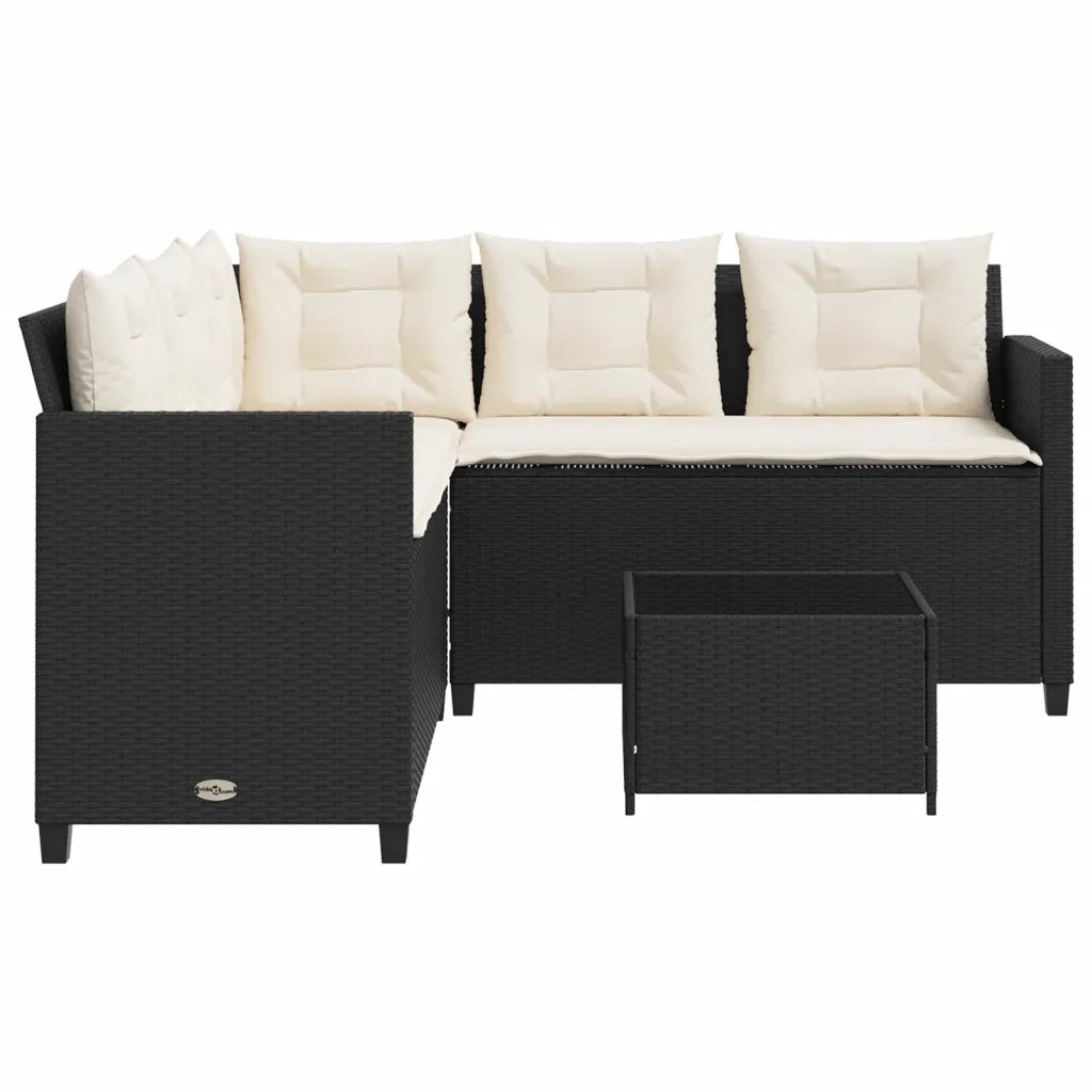Divano da Giardino con Tavolo e Cuscini a L Nero in Polyrattan 369039
