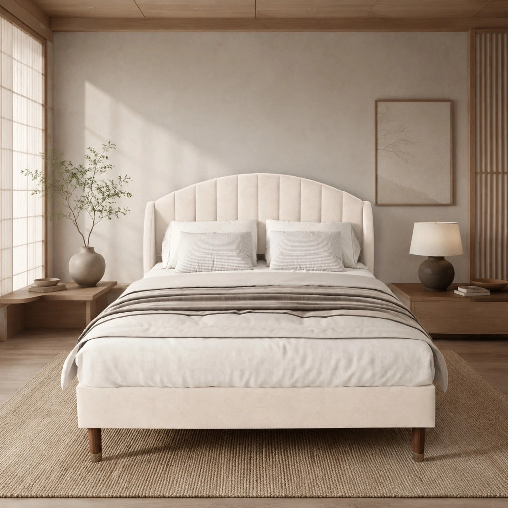 Letto imbottito beige 140x190 cm in velluto con rete a doghe