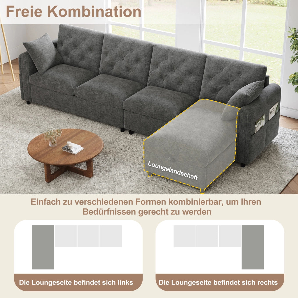 Divano angolare convertibile con vano contenitore e tasche laterali, in Velluto Grigio 281 × 132 × 86 cm