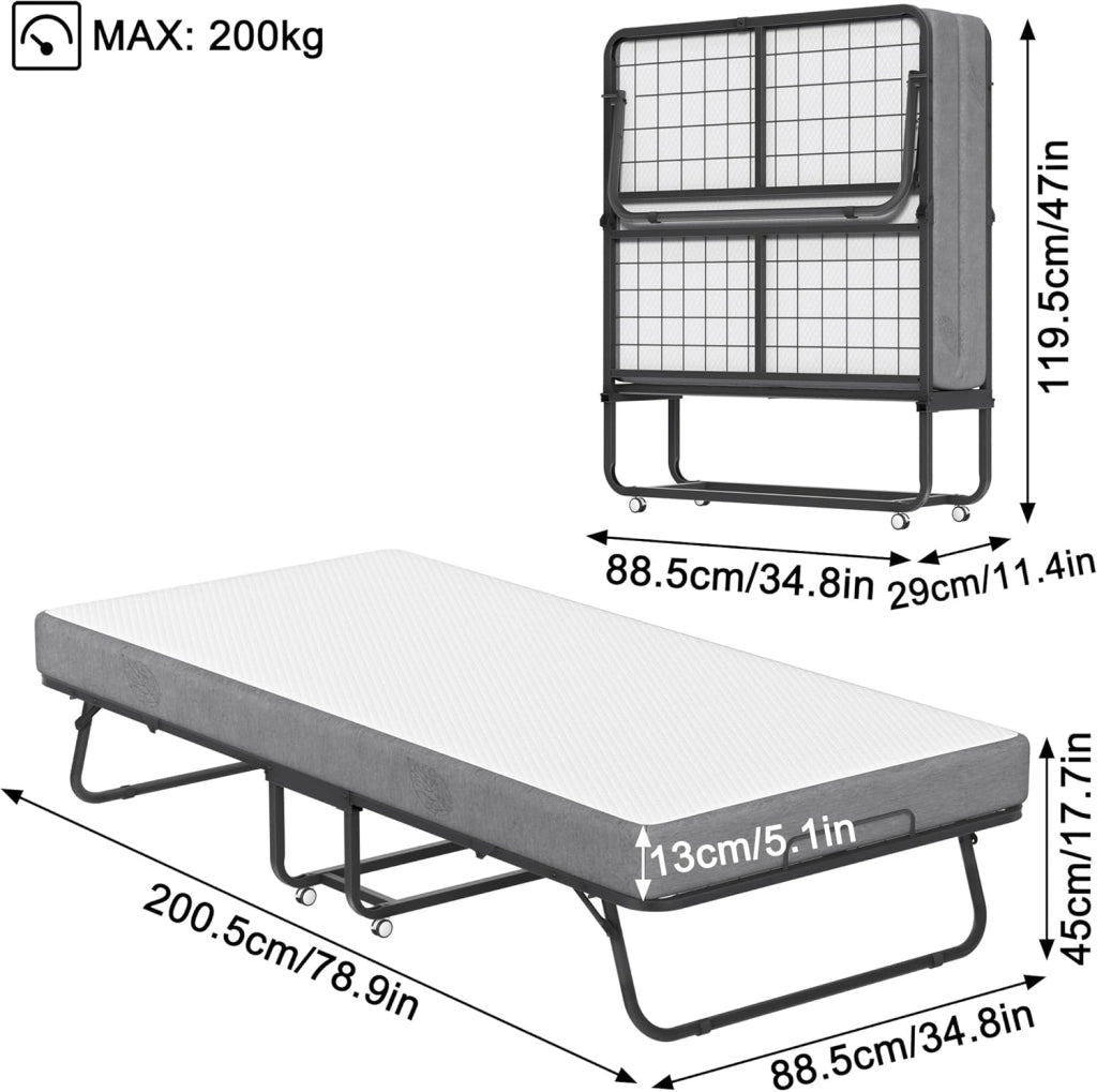 Letto pieghevole 200 x 90 cm con materasso in spugna spessa 13 cm di spessore, telaio del letto portatile con 4 ruote, carico massimo: 200 kg