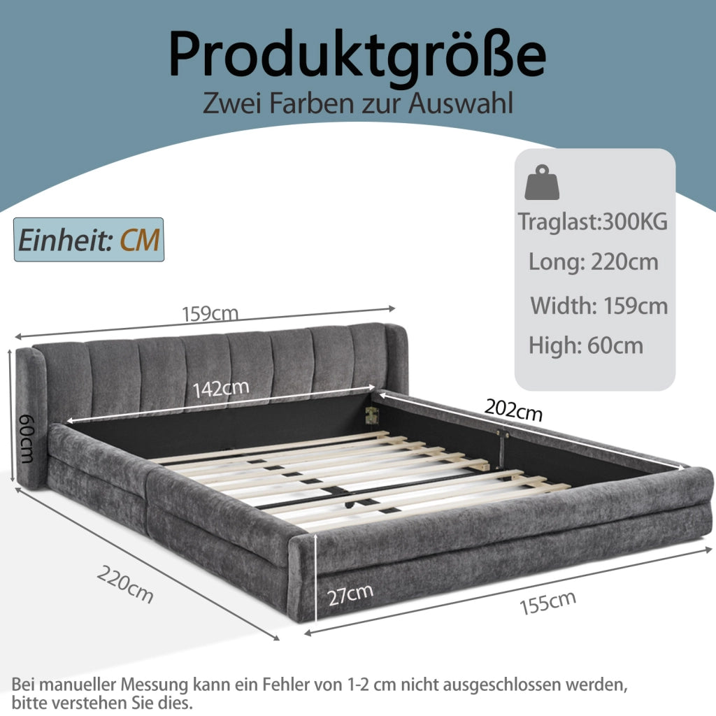 Letto matrimoniale 140 × 200 cm con testiera imbottita, senza materasso, in ciniglia, grigio scuro