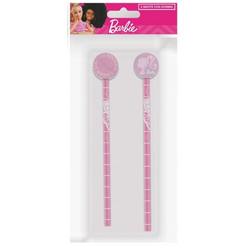 Trade Shop - Kit 2pz Matite Con Gomma Rotonda Grafica Barbie Per Disegno Scuola Bambine 960740 -