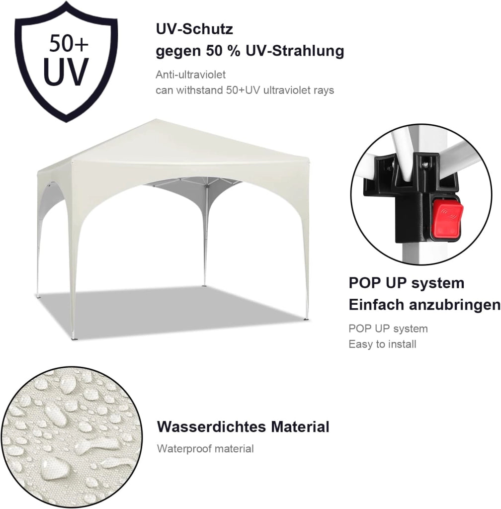 Gazebo da Giardino Richiudibile 3x3m Gazebo Esterno in Ferro Regolabile in Altezza Tendone con Soffitto Semicircolare Pieghevole Protezione Solare, Tende per eventi Facile da Montare Beige