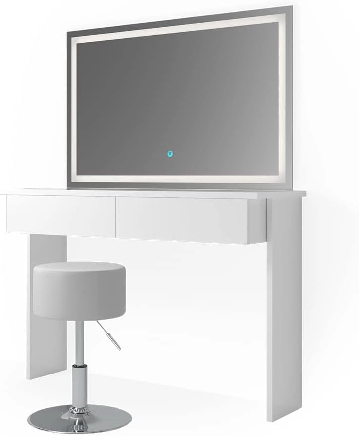 Tavolo da toeletta Azur, Bianco, 120 cm con specchio e sgabello a LED, Due cassetti scorrevoli per organizzare subito palette, pennelli e gioielli