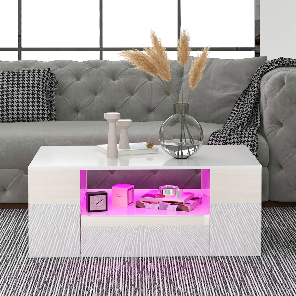 Tavolino da salotto LED con 2 cassetti e 2 ripiani; bianco; 95x53x37 cm