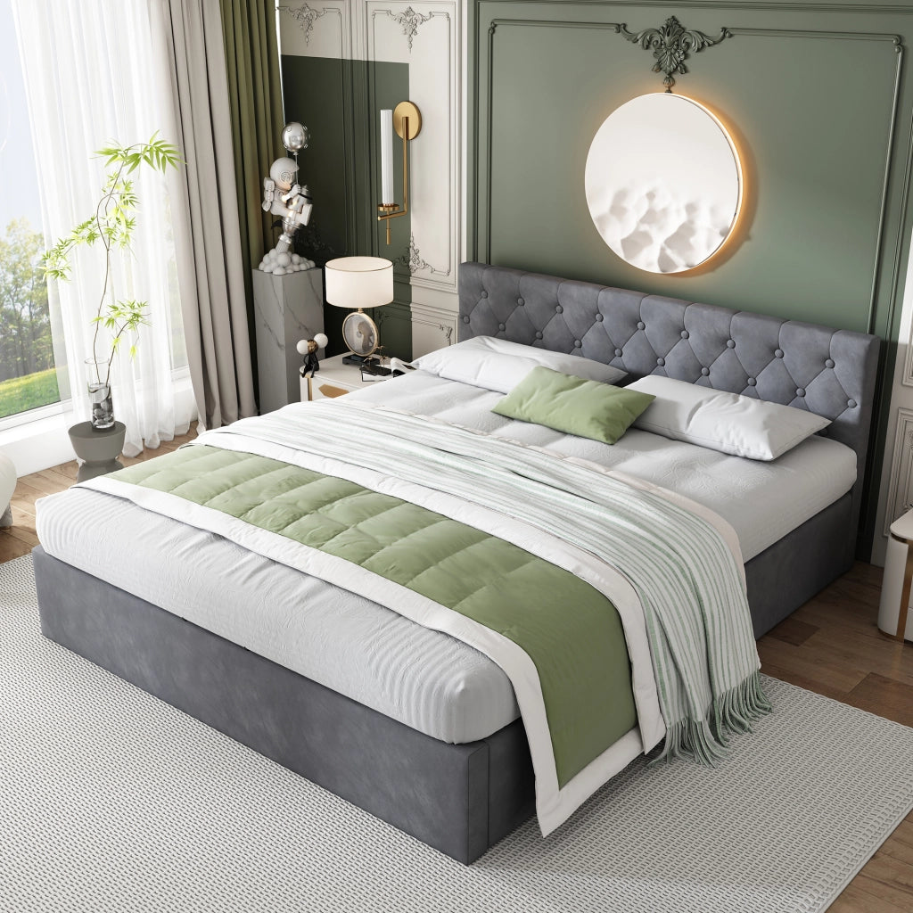 LETTO contenitore 140x200 cm in velluto grigio con testiera capitonné e rete a doghe