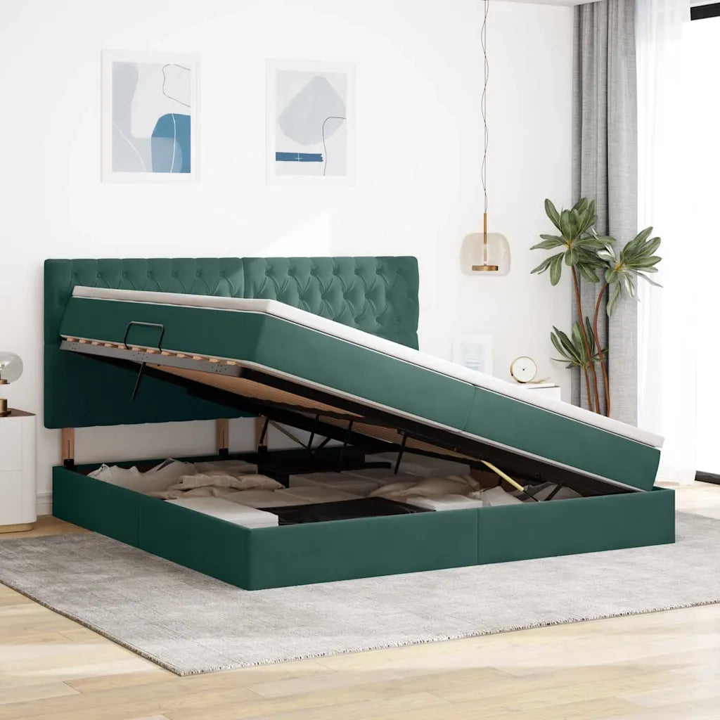 Letto con contenitore e materasso Verde Scuro 200 x 200 cm
