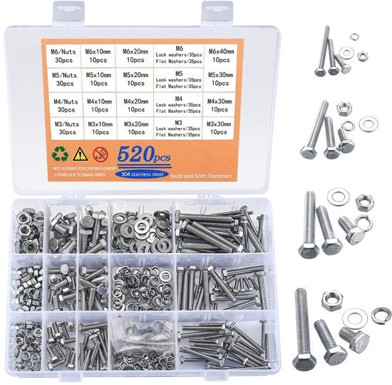 Set di viti 520 pezzi - Viti a 6 facce/Bulloni/Ringhi - Acciaio inossidabile - M3/M4/M5/M6 - Materiale di fissaggio - Pacchetto completo