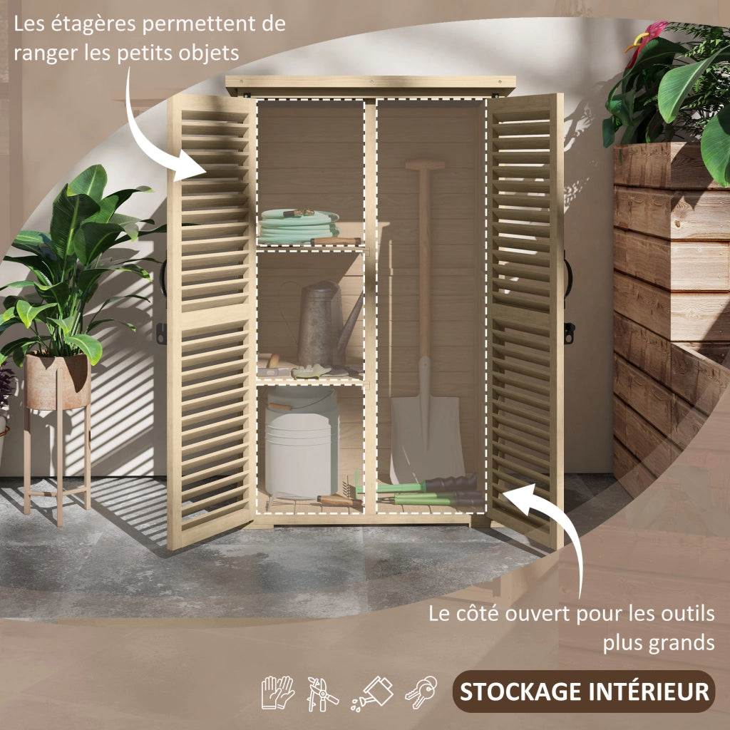 Armadio da giardino in legno ¨C Xylo ¨C 2 ripiani, tetto bituminoso, ante a persiana, 75x50x118