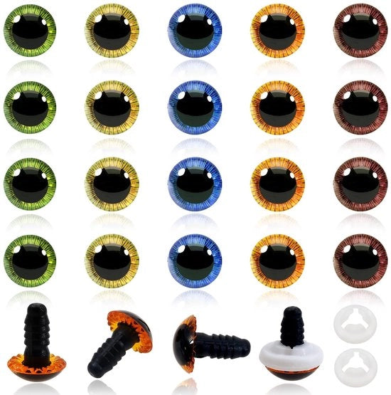 Occhi di sicurezza 13 mm - 20 pezzi - Plastica - Occhi colorati di animali - Chiavi a serraggio - Adatti per bambole e cuscini - Occhi per bambole