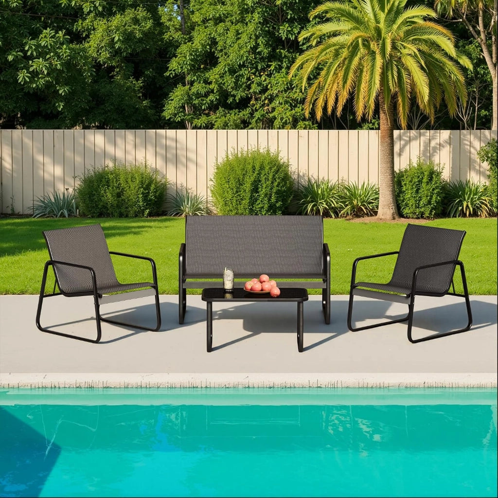 Set da Giardino 4 Pezzi, Mobili da Esterno in Tessuto Teslin, Salotto da Patio con 2 Poltrone, 1 Divano Doppio e 1 Tavolino in Vetro, per Giardino, Balcone e Terrazza (4pcs Set)