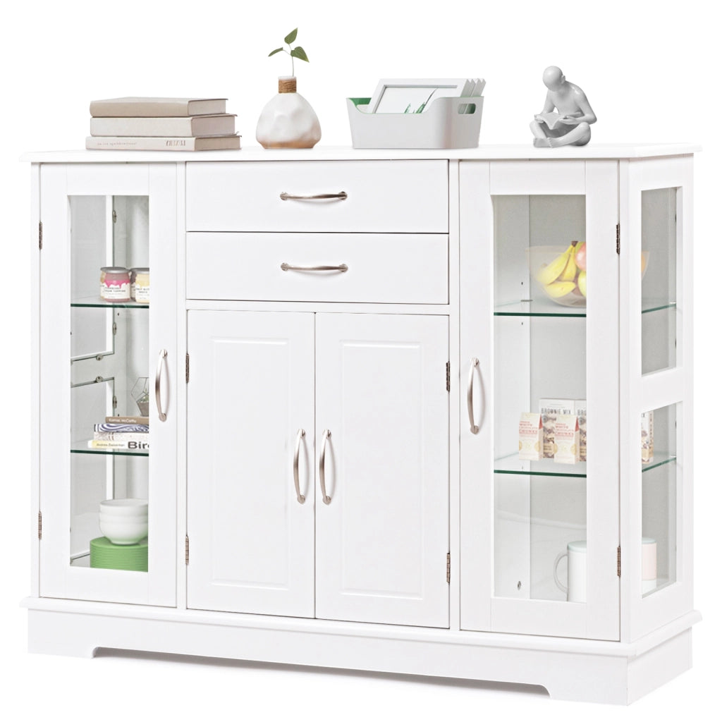 Armadietto di legno con ante in vetro temperato e cassetti-Buffet-Credenza per cucina e salone 107x30x82cm Bianco