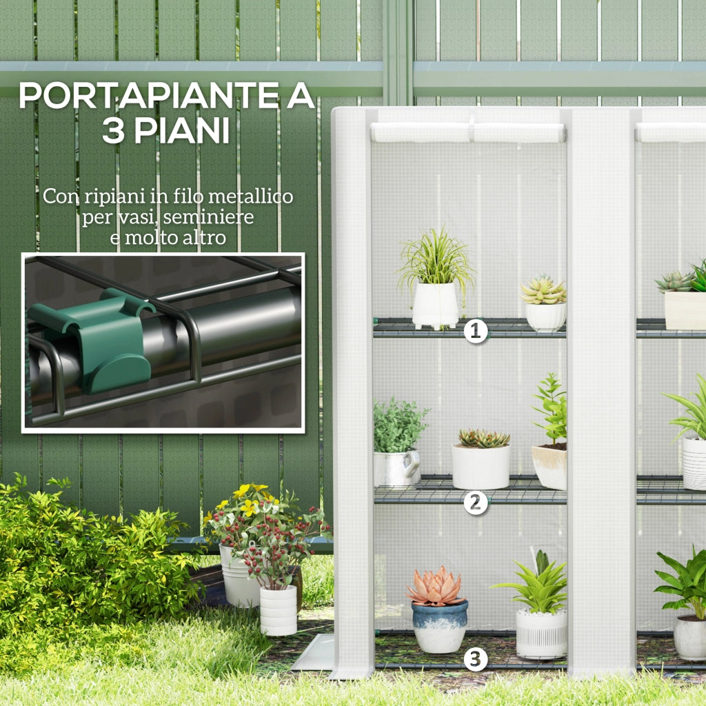 Serra da Giardino  144x48x142-152 cm con 2 Porte Avvolgibili 3 Ripiani e Tasche Laterali in PE Bianco e Grigio