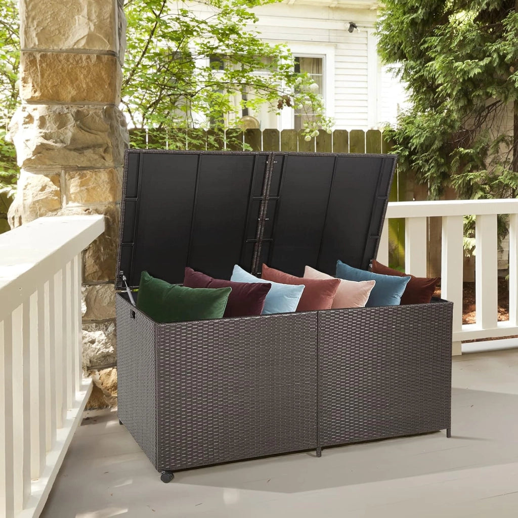 Scatola portaoggetti per esterni, arrotolabile, in polyrattan, con maniglie, contenitore portaoggetti 150 x 77 x 72 cm, impermeabile con coperchio, contenitore con spazio ventilato