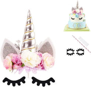 Decorazione di Topping di Torta Premium - Unaicornes di Fiori di Rosa - Decorazione di Festa di Compleanno - Argento & Avorio