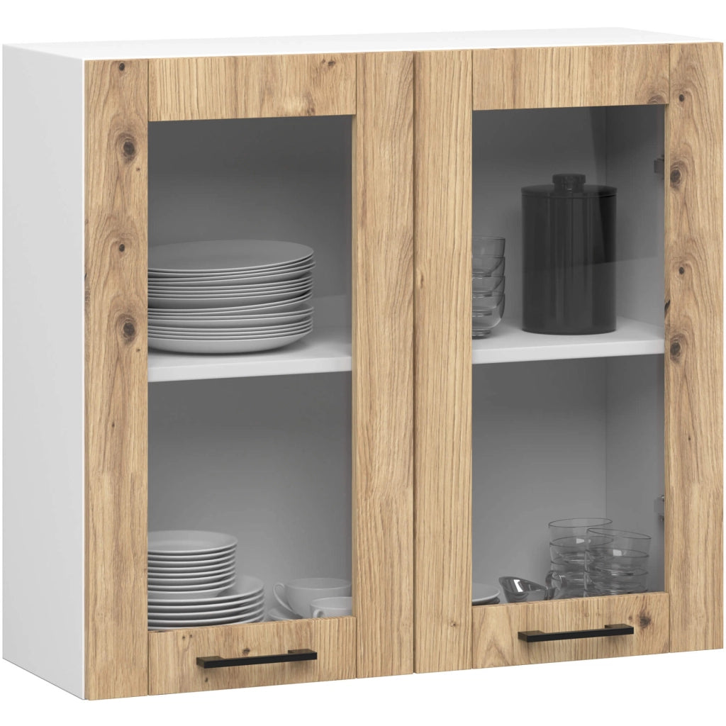 Vetrina da cucina sospesa Bianca 80 cm 2 porte Colore frontale Quercia Artigiana 80x30,5x72 cm