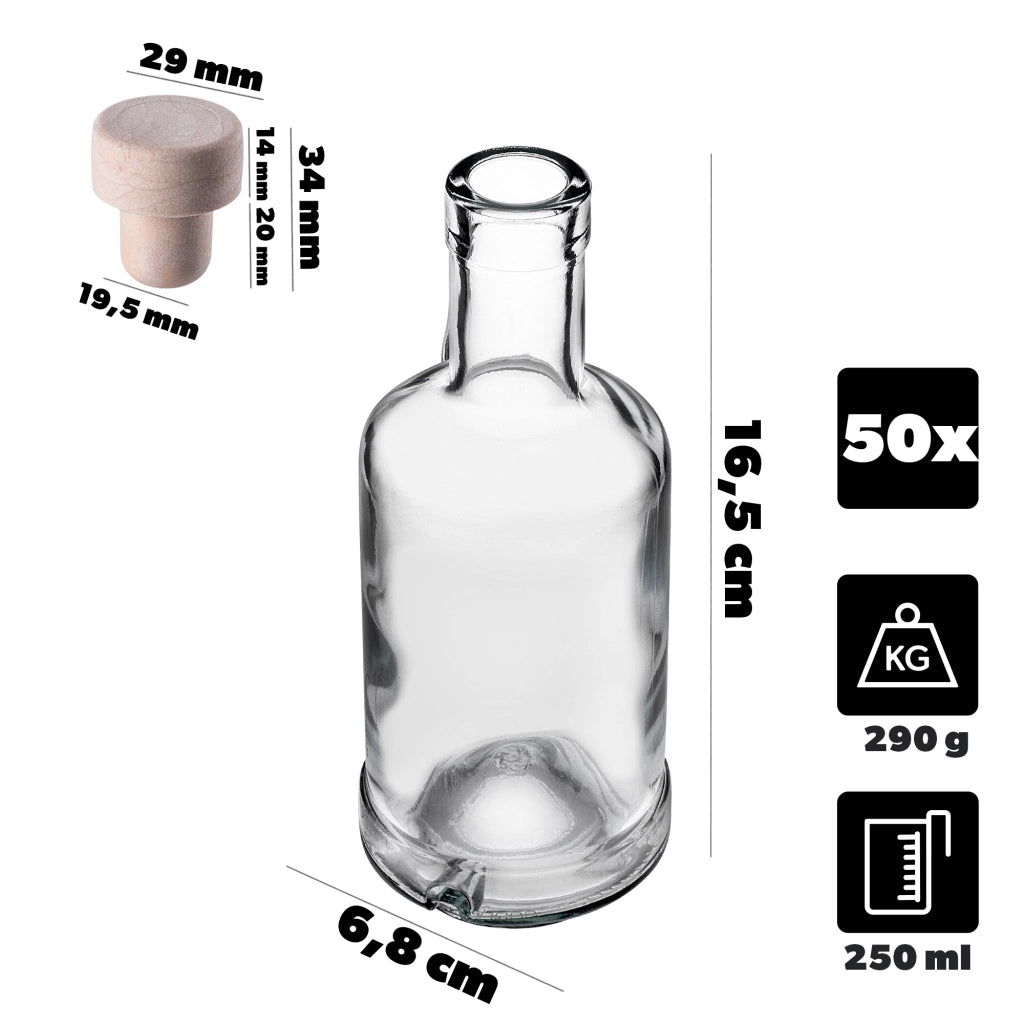 Bottiglie in vetro KADAX Tadek da 250 ml per vino, liquori, distillati clandestini, 50 pezzi con tappo di sughero