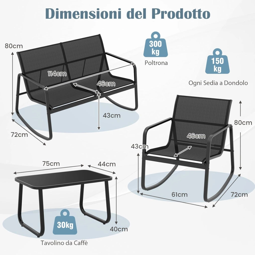 Set da Giardino 4 Pezzi in Tessuto Textilene, Set da Bistrò da Patio, Set tavolo e sedie con Tavolino in Vetro, 2 Sedie e Divanetto a Dondolo, per Giardino Coltile (Nero)
