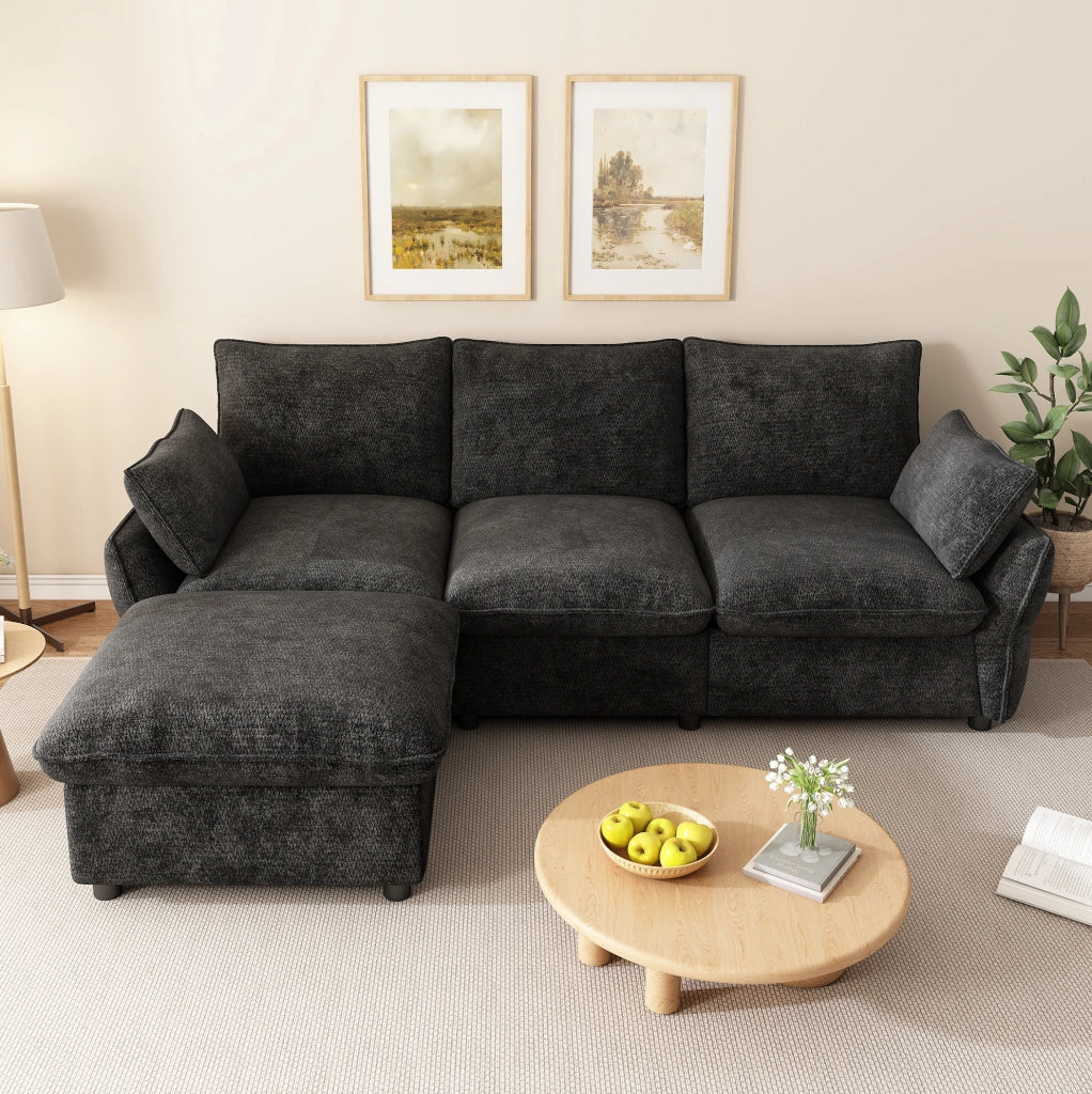Divano angolare a L in chenille con pouf e 2 cuscini, grigio scuro, 222,5 cm
