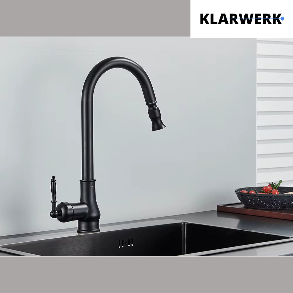 JANA | Rubinetto da cucina estraibile vintage in acciaio inossidabile nero antico | miscelatore arco alto |alta pressione ruotabile a 360° 2 attacchi